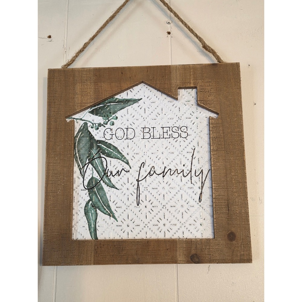 God Bless Our Family Rustic Wood Metal House Wall Decor Farmhouse Sign Jute Rope